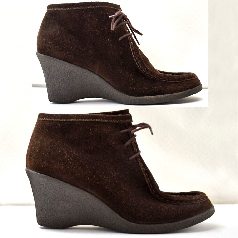 Banana Republic Wedge Heel Booties Women's 9.5 Brown Suede Leather Lace-Up